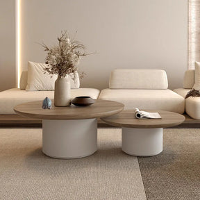 Modern Nisu Home Coffee Table Set with Wooden Top and Round White Base for Stylish Living Rooms