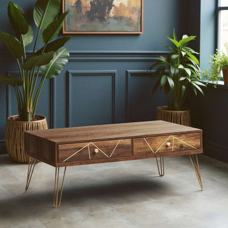 Orsina Coffee Table with a wooden finish and stylish brass legs, perfect for modern living spaces