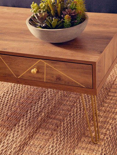 Orsina Coffee Table with Geometric Drawer Design and Gold Legs, Perfect for Modern Living Rooms