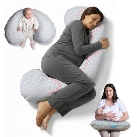 BellaMoon 3-in-1 Comfort Pillow for maternity, nursing, and baby support with polka dot design