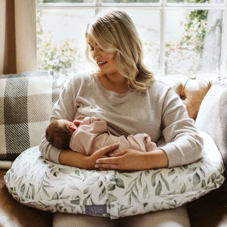 BellaMoon 3-in-1 Comfort Pillow designed for breastfeeding and baby support with leaf pattern