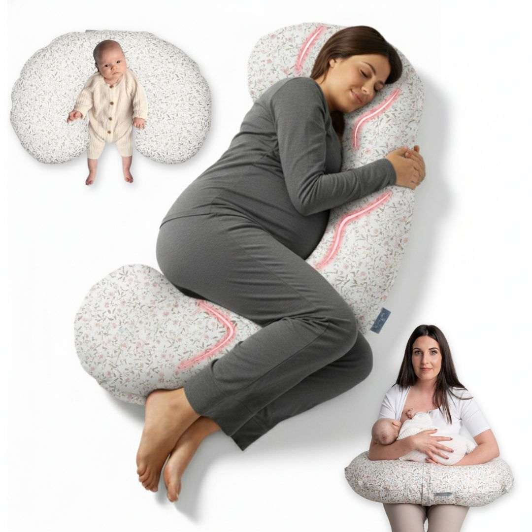 BellaMoon 3-in-1 Comfort Pillow for maternity, nursing and baby support, featuring soft floral fabric