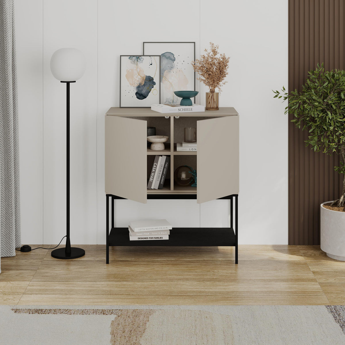 Modern Decortie Console Table with stylish curved doors and open shelving for contemporary interiors