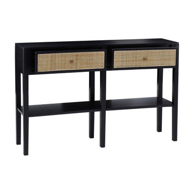 Orsina Console Table in Black with Two Storage Drawers and Open Shelf for Stylish Home Decor