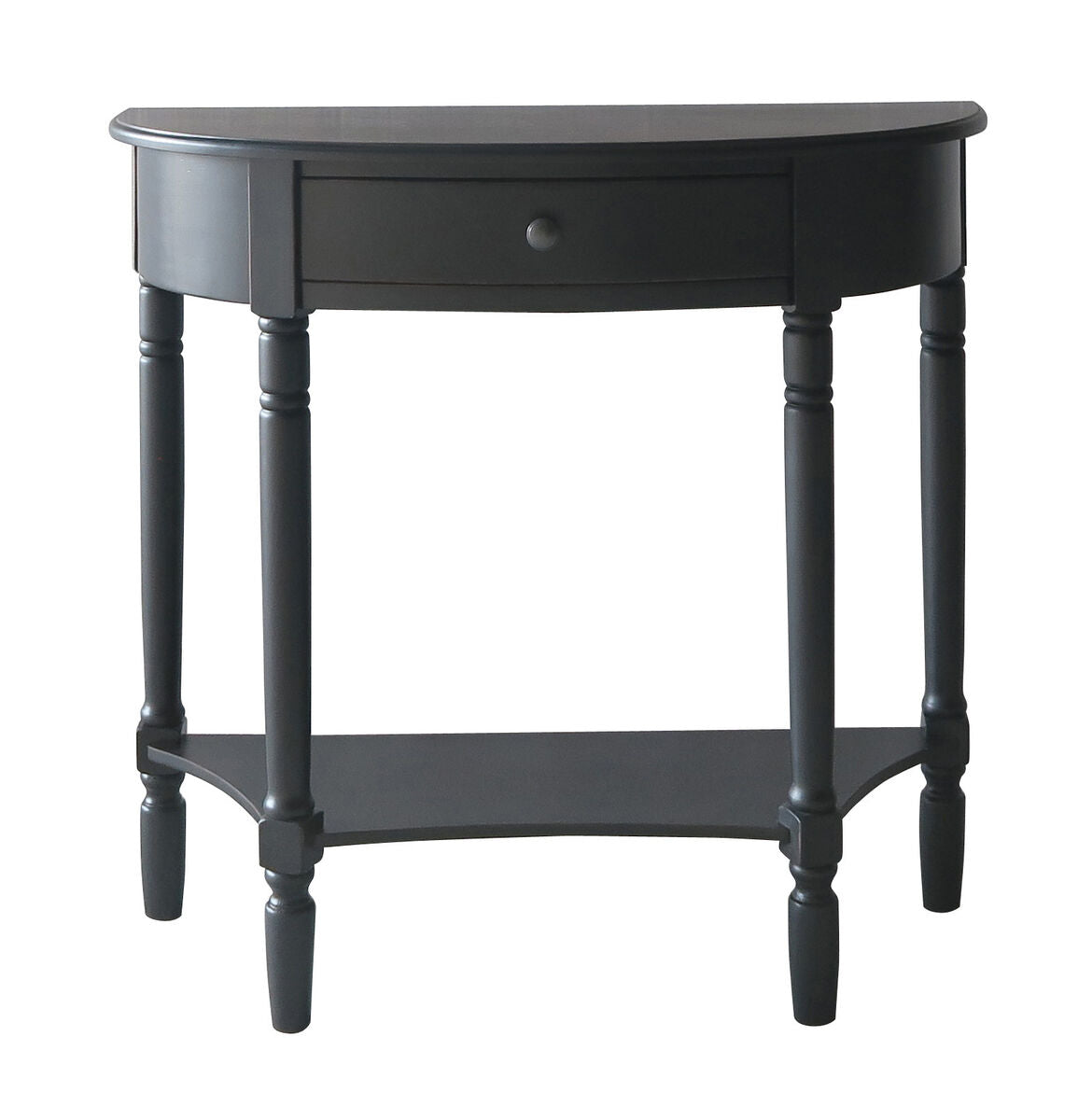 Orsina Console Table in black wood with a single drawer and shelf, perfect for entryways