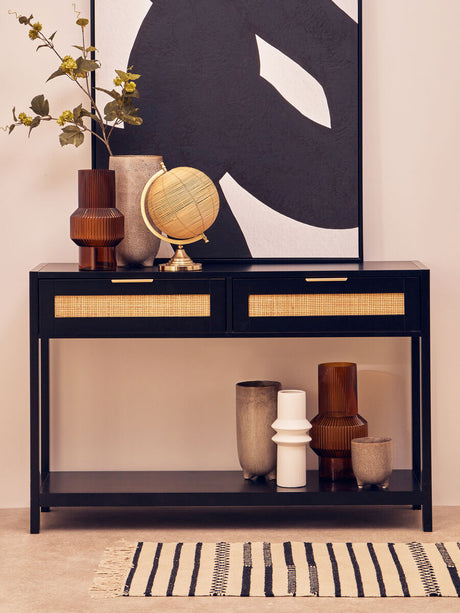 Orsina Console Table in Black with Two Drawers and Decorative Accessories for Modern Interiors