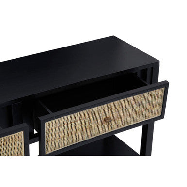 Orsina Console Table in Black with Rattan Drawer Fronts and Open Shelving