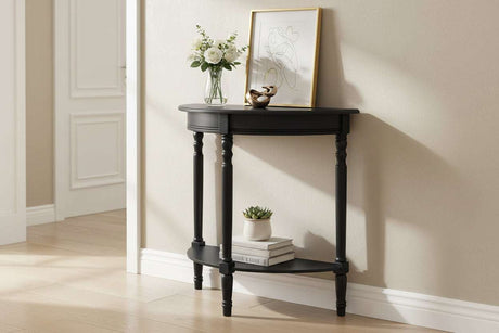 Elegant Orsina Console Table in Black with Curved Design and Decorative Accessories