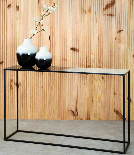 Orsina Console Table with Sleek Black Frame and Glass Top, ideal for Modern Interiors