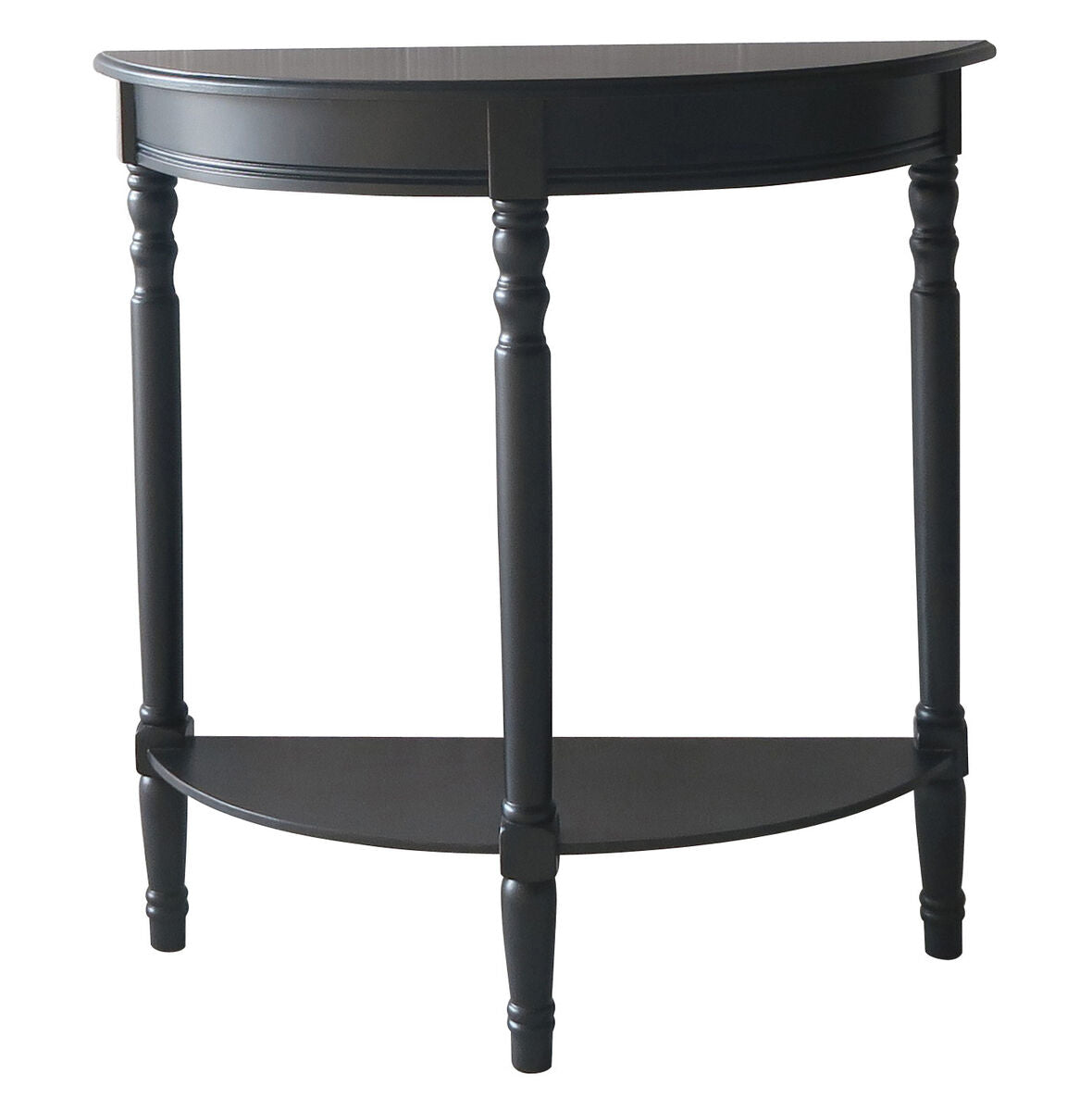 Orsina Console Table in black with a half-moon design and elegant turned legs
