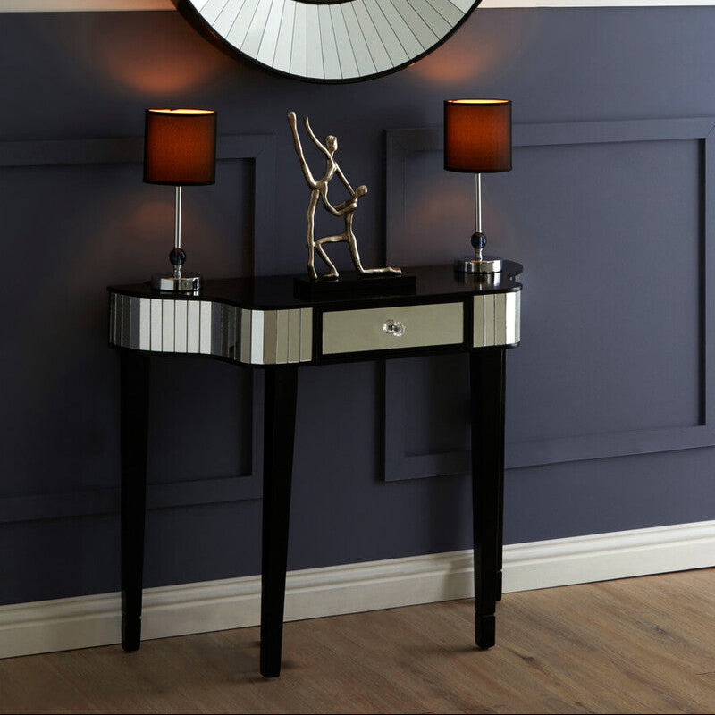 Stylish Orsina Console Table with Mirrored Finish and Drawer, complemented by Table Lamps