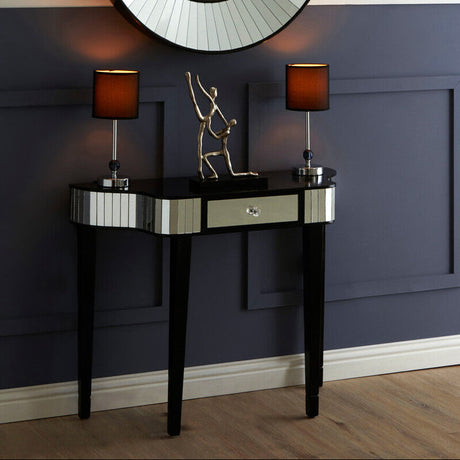 Stylish Orsina Console Table with Mirrored Finish and Drawer, complemented by Table Lamps