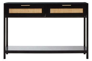 Orsina Console Table in Black with Two Rattan Drawers and a Bottom Shelf for Storage
