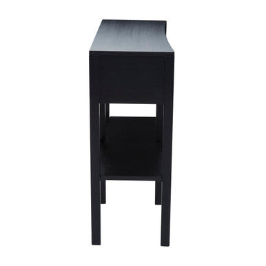 Orsina Console Table in sleek black finish with a minimalist design and lower shelf for storage