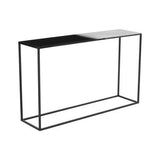 Orsina Console Table with a sleek black top and geometric metal base for modern decor