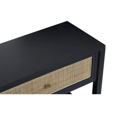 Orsina Console Table with sleek black finish and woven cane drawer front for stylish storage