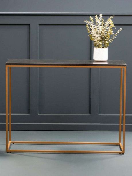 Orsina Console Table with a sleek black top and gold metal frame, perfect for hallways
