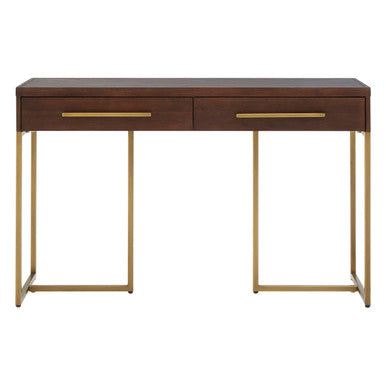Orsina Console Table in dark wood finish with two drawers and gold metal legs