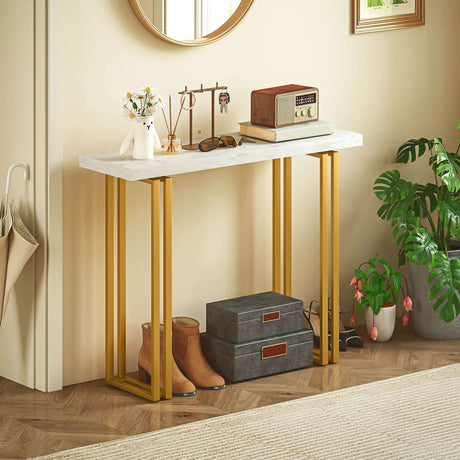 Modern Console Table by Wise Galleria with White Marble Top and Gold Legs for Stylish Entry Decor