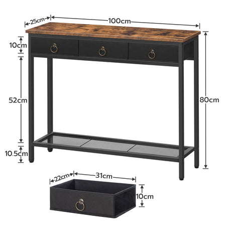 Klassyx Console Table with a wooden top and three drawers in black, perfect for hallway storage