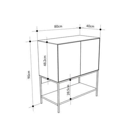 Decortie Console Table sketch with dimensions 80cm x 40cm x 90cm, featuring two doors and a lower shelf