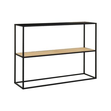 Orsina Console Table with a minimalist design featuring a black metal frame and wooden shelves