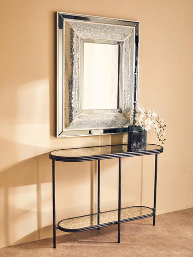 Orsina Console Table with Elegant Mirror and Floral Arrangement on Top in Contemporary Setting