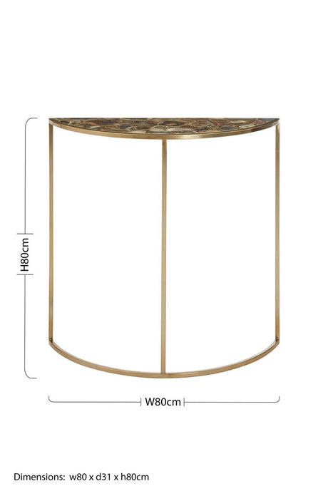 Orsina Console Table with a stylish half-moon design and elegant gold base, measuring 80cm in width