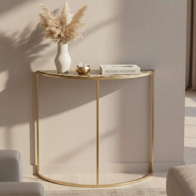 Elegant Orsina Console Table with a sleek gold frame and marble top, perfect for modern interiors