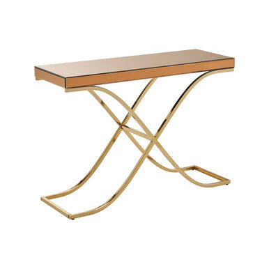 Orsina Console Table with a sleek gold base and wooden top, perfect for stylish entries