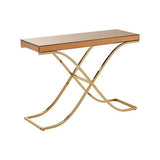 Orsina Console Table with a sleek gold base and wooden top, perfect for stylish entries