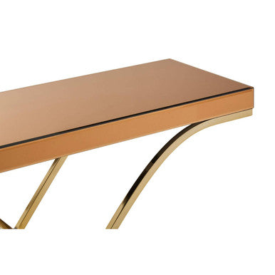 Orsina Console Table featuring a sleek copper top and elegant gold legs for modern interiors