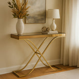 Elegant Orsina Console Table with Golden Frame and Glass Top, Stylishly Decorated with Vase and Lamp