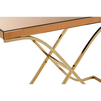 Orsina Console Table with a sleek copper top and elegant gold metal legs for modern interiors