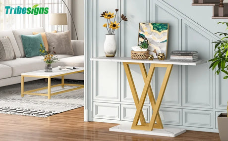 Klassyx Console Table with Stylish Gold Legs and White Marble Top for Modern Living Rooms