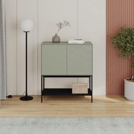 Decortie Console Table in Green with Two Doors and Stylish Black Legs for Modern Interiors