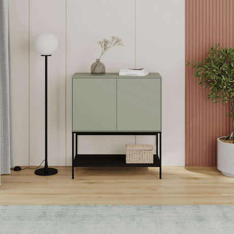 Decortie Console Table in Green with Two Doors and Stylish Black Legs for Modern Interiors