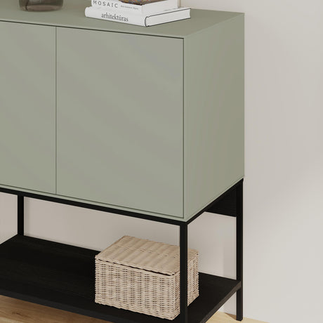 Decortie Console Table in muted green with two cabinets and black metal legs for stylish storage