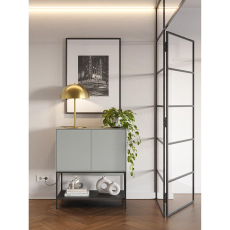 Decortie Console Table in Grey with Two Doors and Decorative Lamp for Modern Home Decor