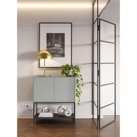 Decortie Console Table in Grey with Two Doors and Decorative Lamp for Modern Home Decor
