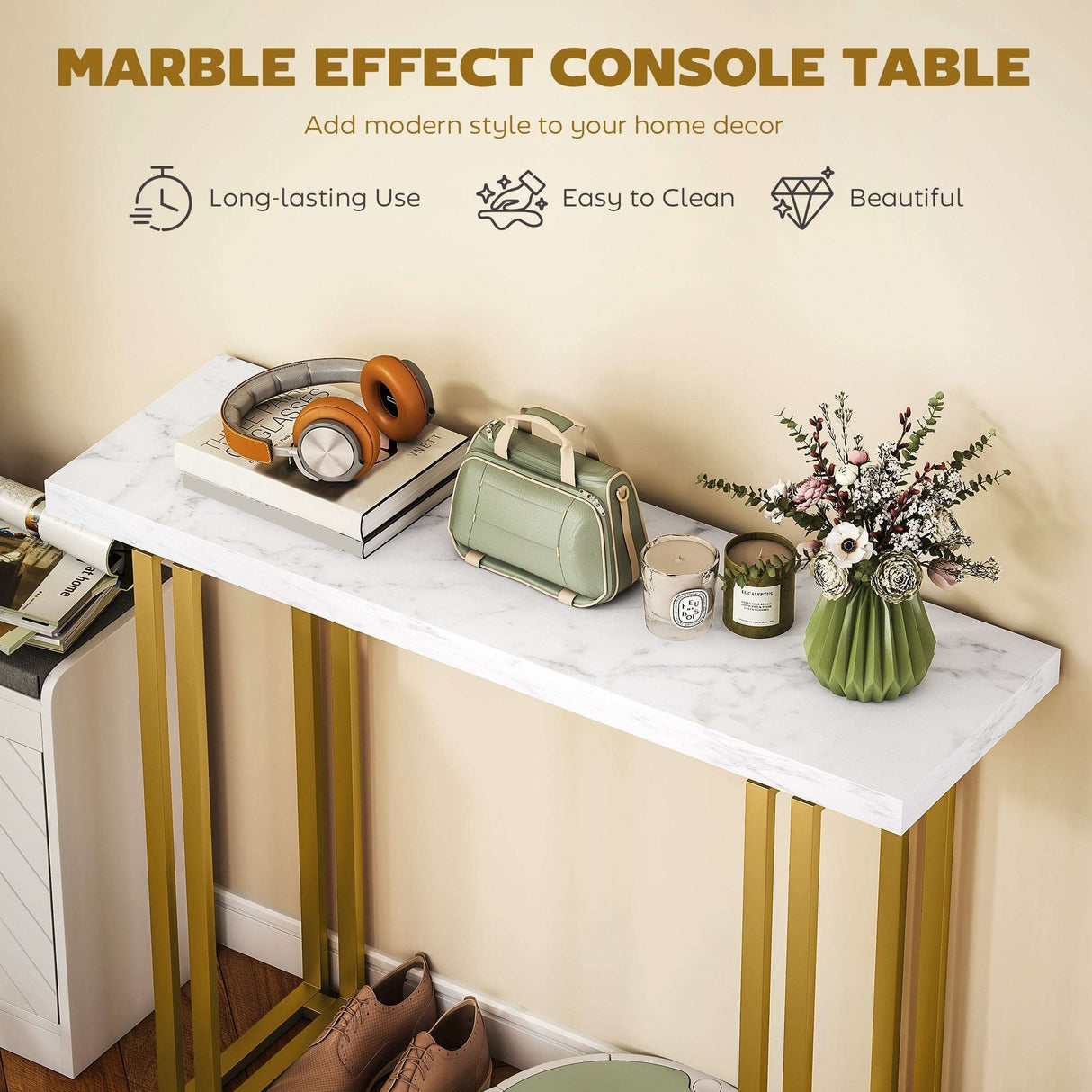 Marble effect console table by Wise Galleria with gold legs, styled with home decor items