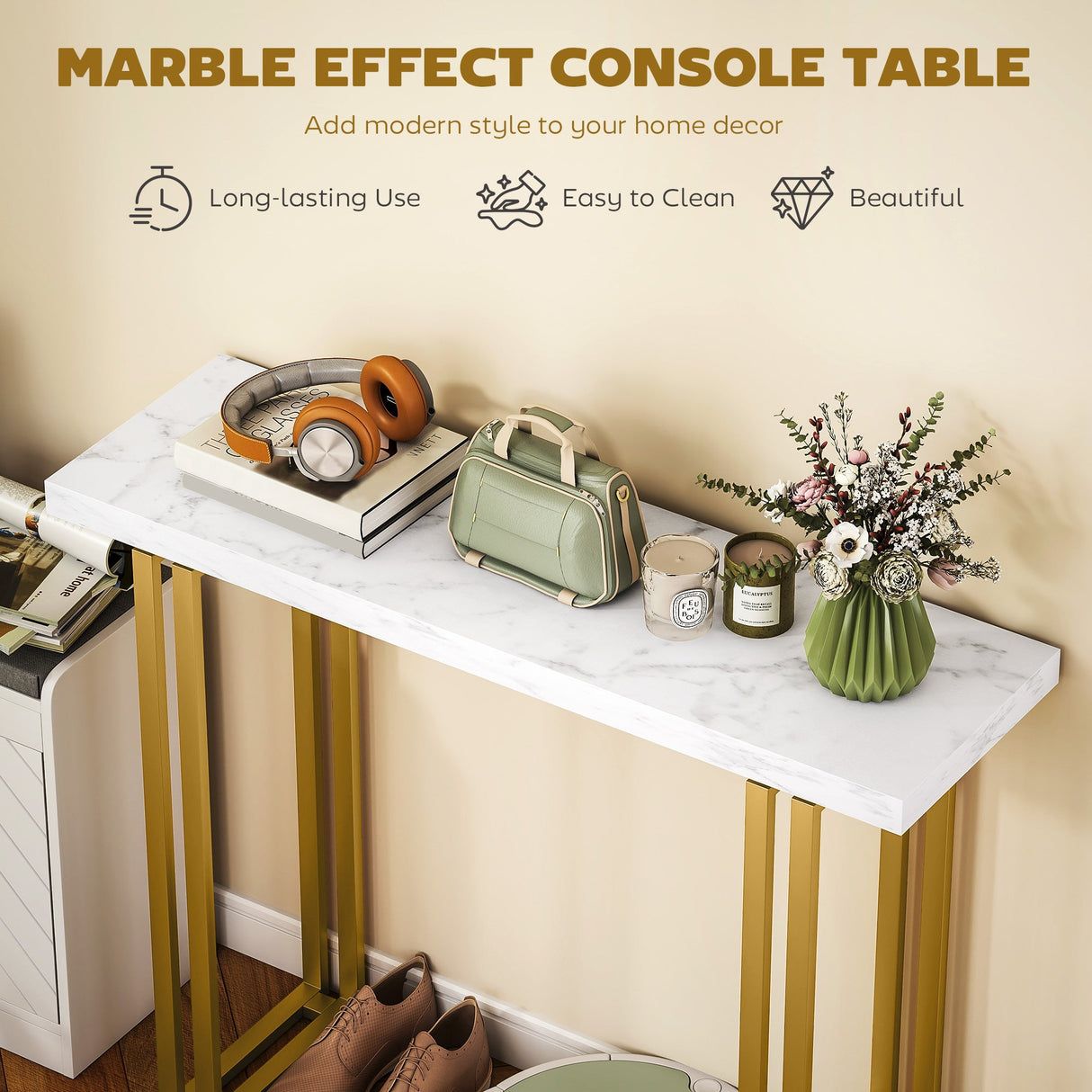 Marble effect console table by Wise Galleria with gold legs, styled with home decor items