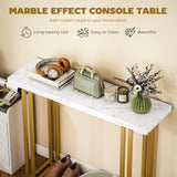 Marble effect console table by Wise Galleria with gold legs, styled with home decor items