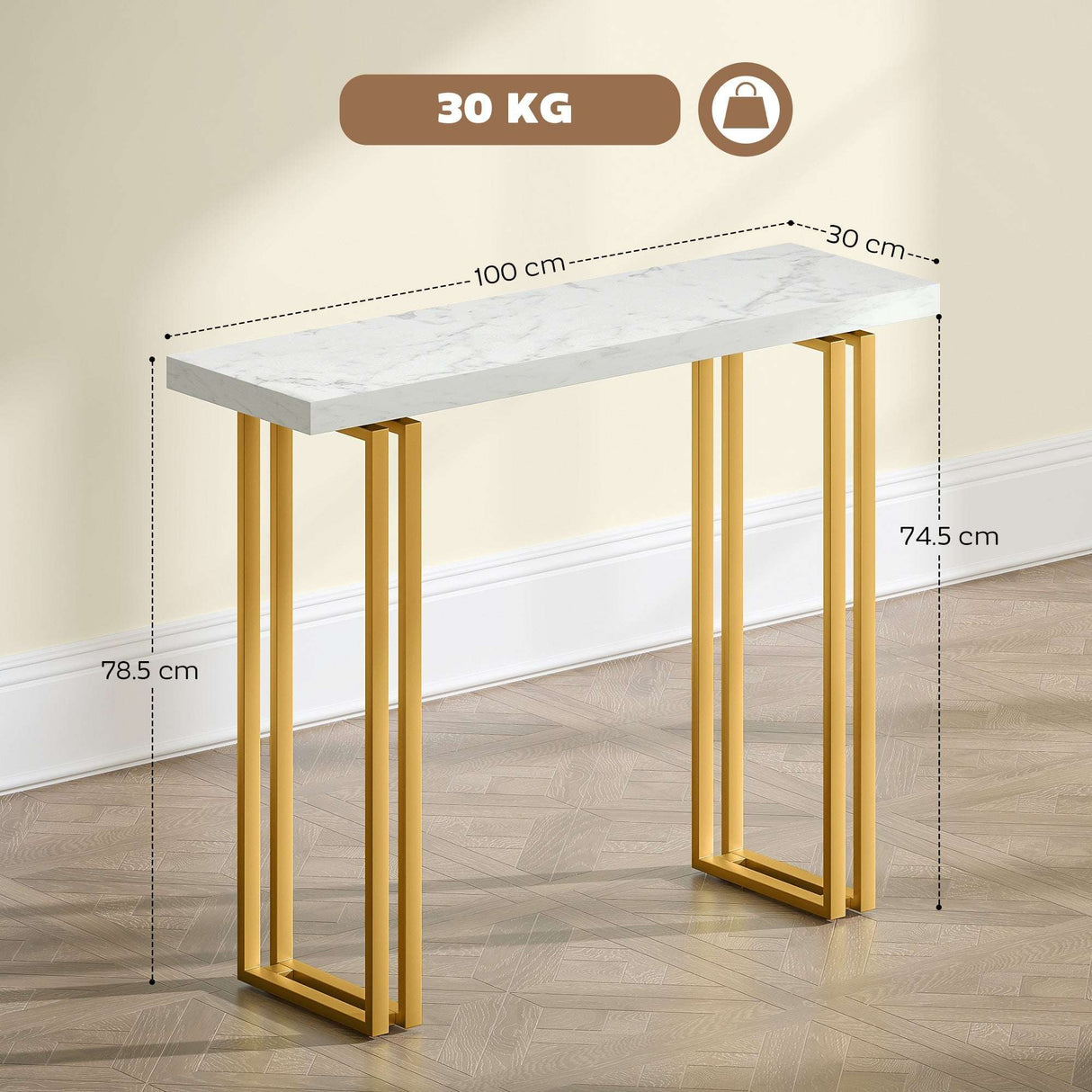 Wise Galleria Console Table with a marble top and gold metal legs, measuring 100 cm wide