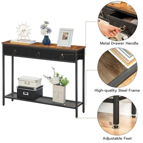 Klassyx Console Table with a wood top, metal frame, drawers, and adjustable feet for stylish storage