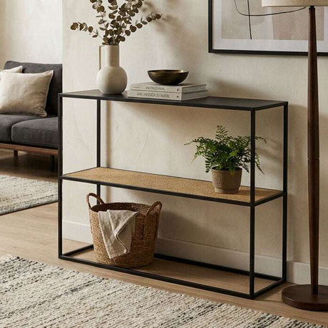 Orsina Console Table in Black with Two Shelves and Decorative Plants for Modern Interiors