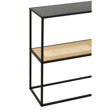 Orsina Console Table with a sleek black top and woven rattan shelf for modern decor