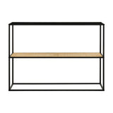 Orsina Console Table with a sleek black frame and natural woven shelf for modern interiors