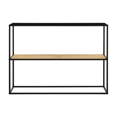 Orsina Console Table with a sleek black frame and natural woven shelf for modern interiors