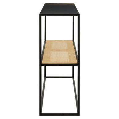 Orsina Console Table with stylish black frame and woven natural shelf for modern interiors